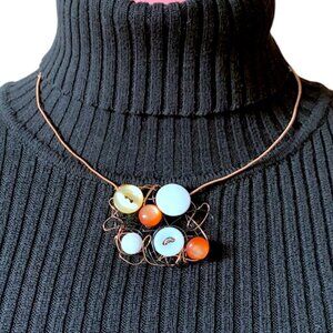 Handmade - Cooper Wire - Wrapped Button & Bead Statement Necklace